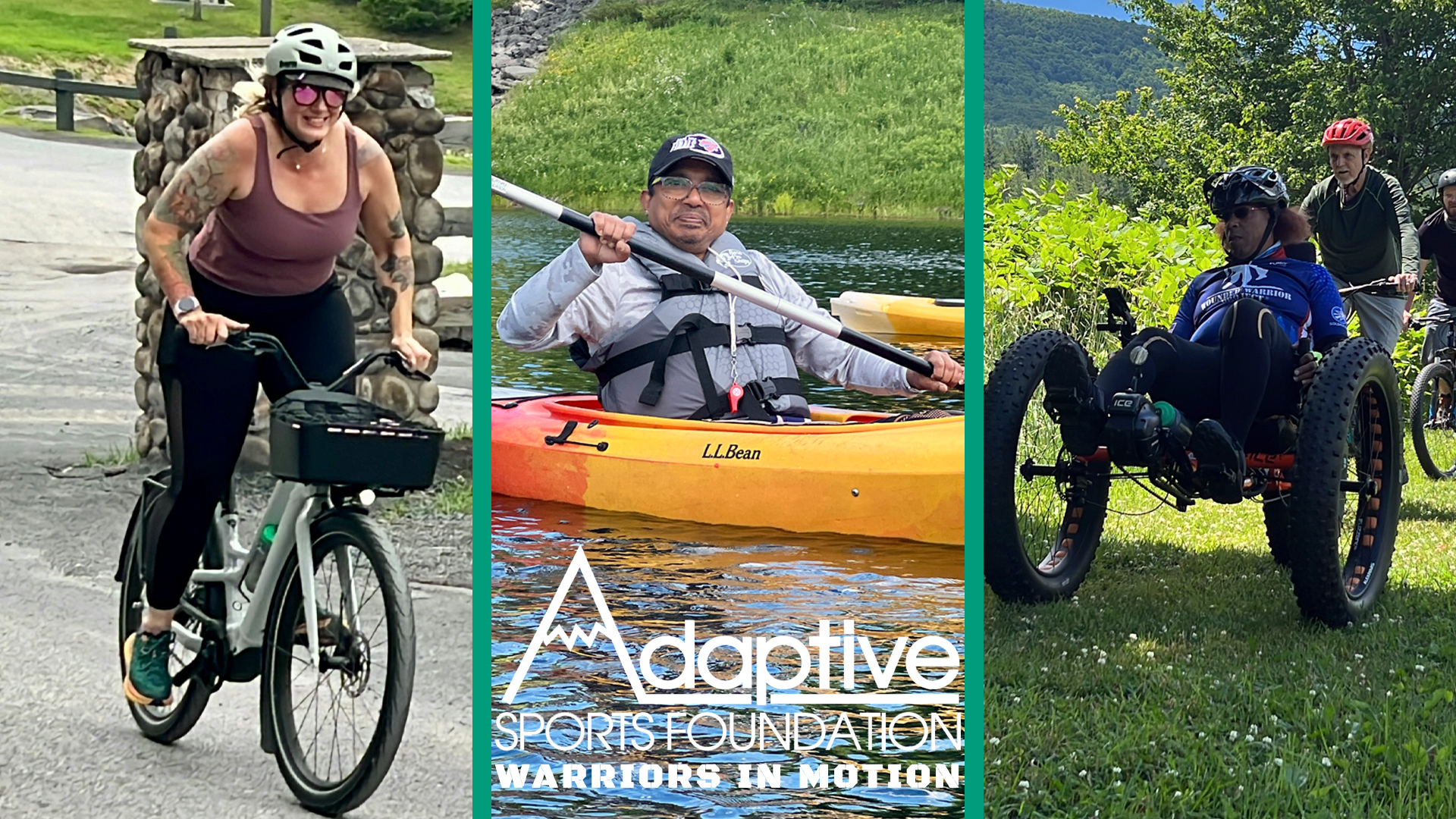 A person cycling, a person kayaking, and a person mountain biking