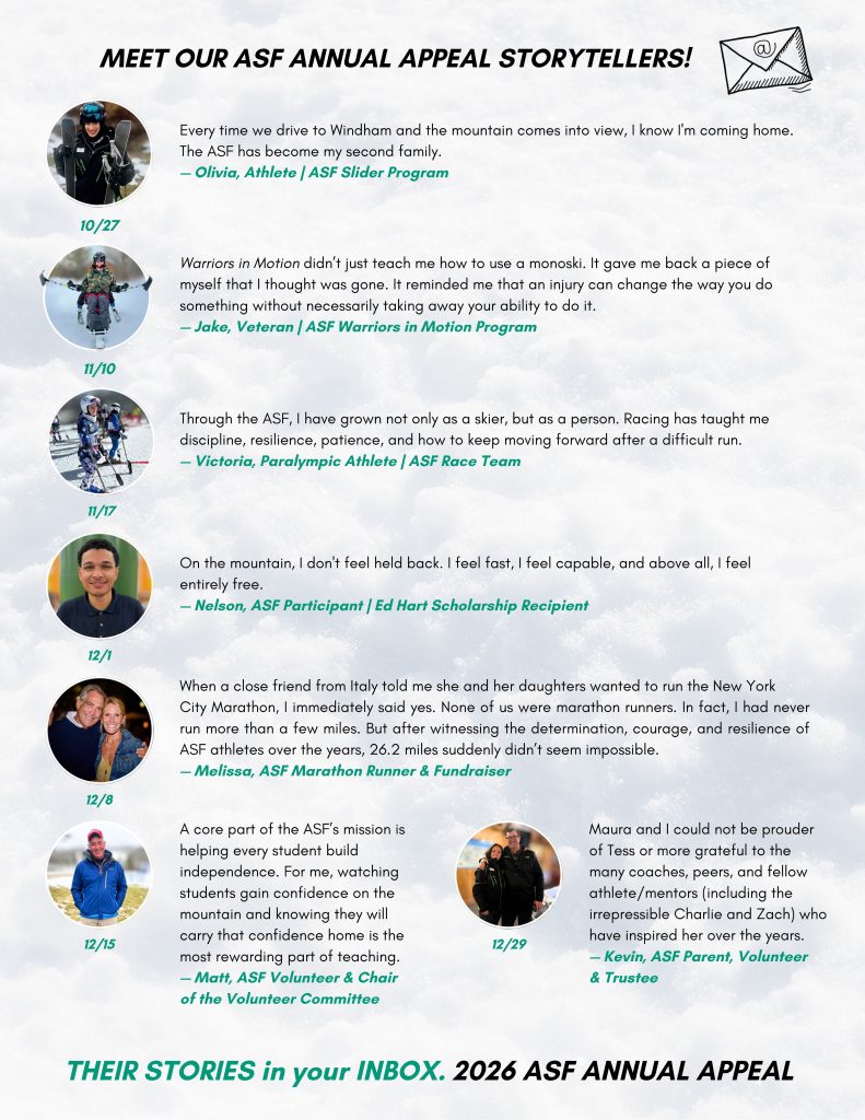 Image of each of our seven Annual Appeal Storytellers with dates that their stories will be emailed