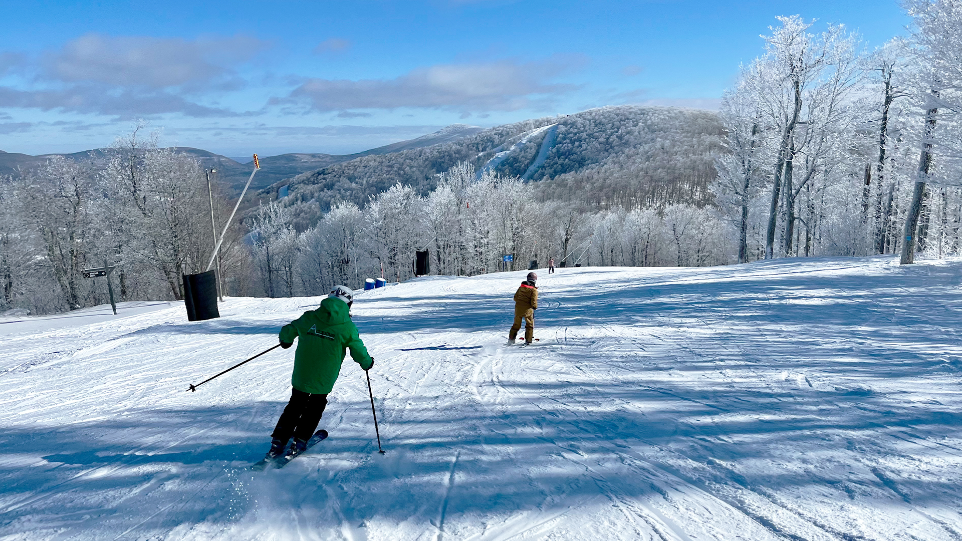 Two people skiing down a mountain with another peak in the background